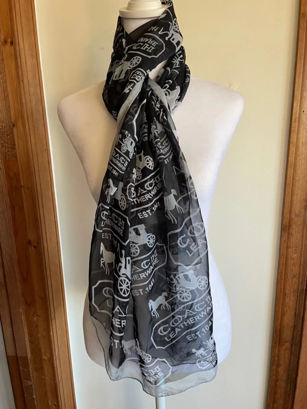 COACH Black and White Logo Horse & Carriage Print Silk Oblong Scarf